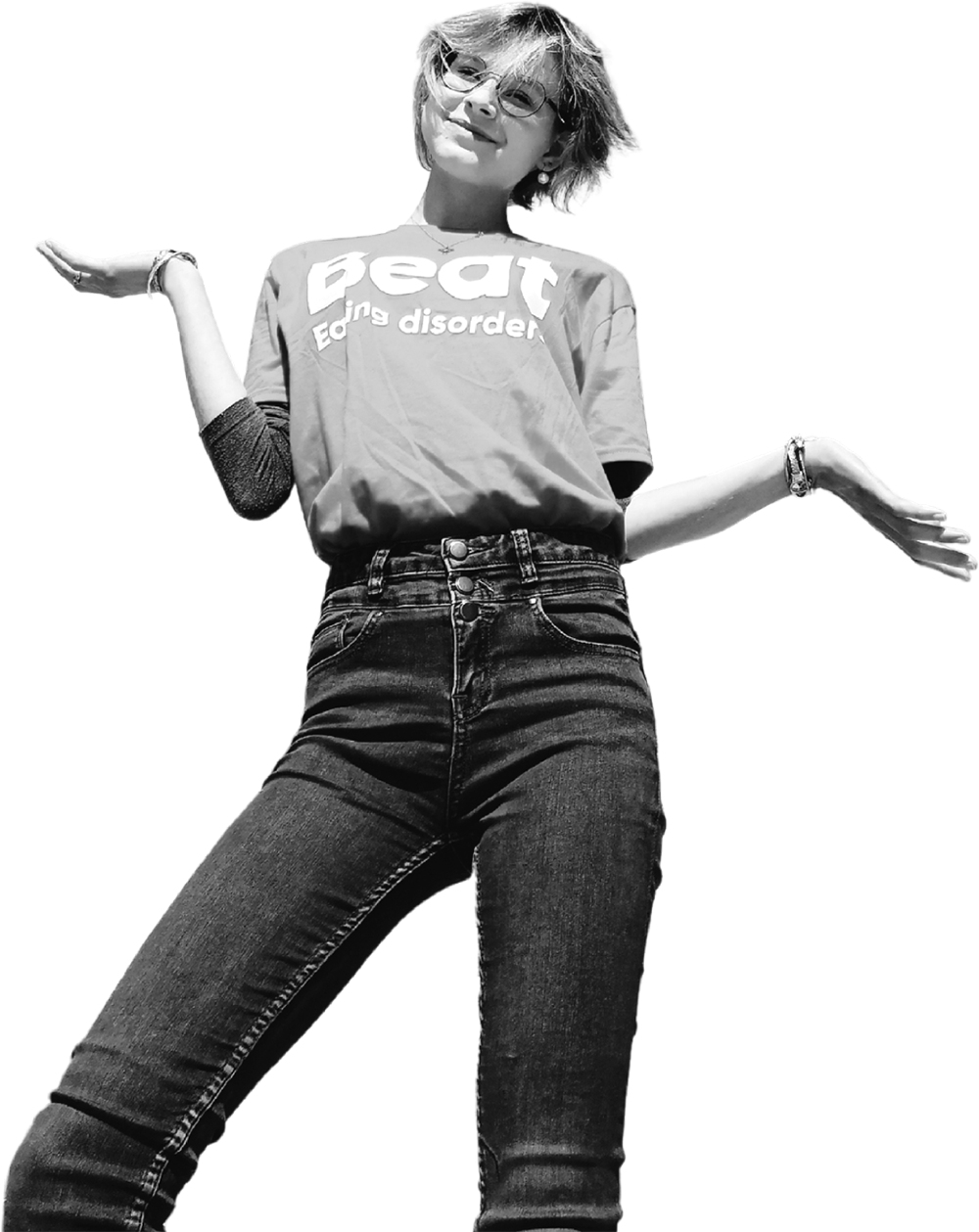 A young woman wearing a Beat Eating Disorders t-shirt.
