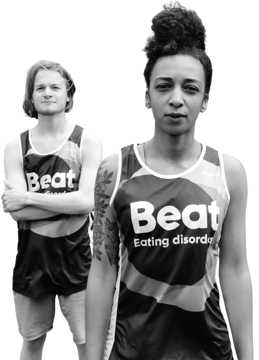 Two runners wearing Beat Eating Disorders running gear.